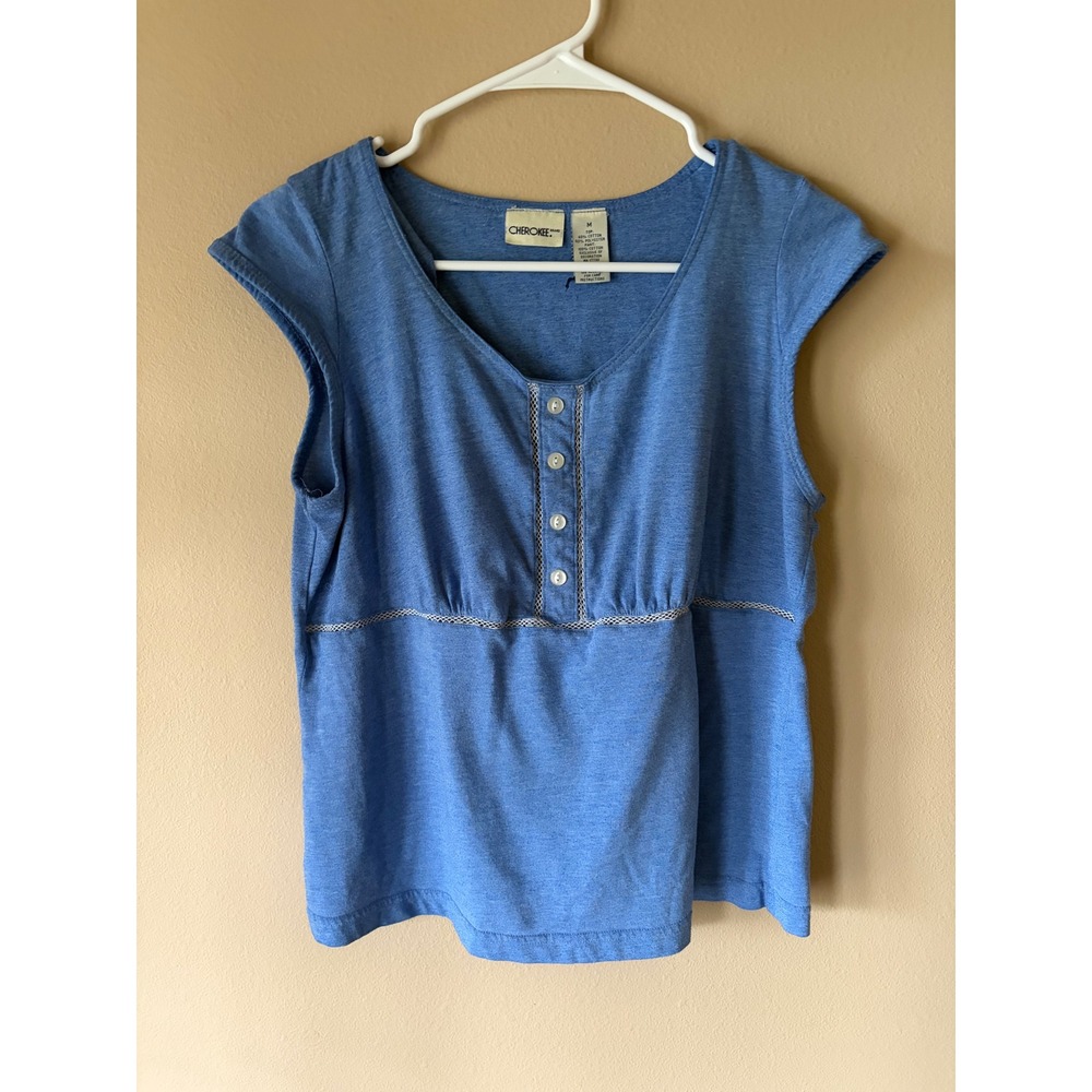 Cherokee Blue Henley Cap Sleeve Top with Lattice Crochet Trim Size M